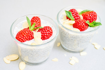 chia pudding with raspberries in a small glass bowl