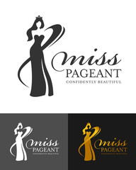 miss pageant logo sign with abstract  woman queen wear crown and line curve vector design