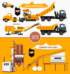 Vector cement factory and work machines paver, asphalt, road construction, cold milling machine, tipper, car, SUV