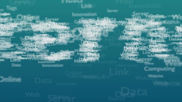 Light blue background with different words, which deal with internet. Close up. Copy space. 3D. Animation.