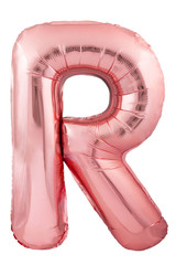 Rose gold letter R made of inflatable balloon isolated on white background. Helium balloon font