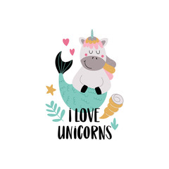 Funny magical unicorn illustration with text