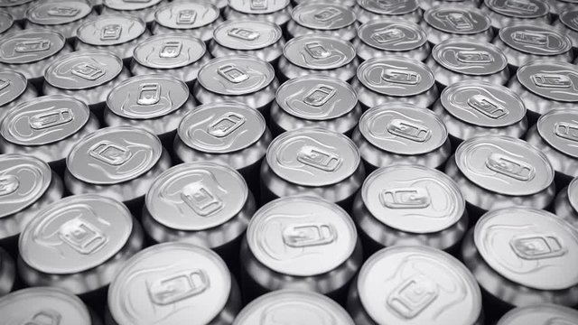 Carbonated energy drinks production. Modern conveyor. Aluminum soda can. Recycling concept. Metal texture