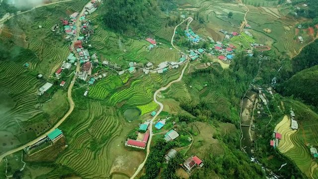 Aerial pattern Rice agricultural fields green terrace cascades. Village homes. Country roads serpentine traffic. Asia natural landscape grounds culture authentic historical grow production. Drone top