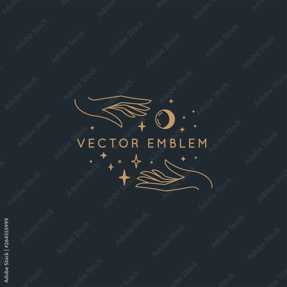 Poster Vector abstract logo design template in trendy linear minimal style - hand with moon and stars