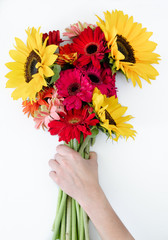 Bouquet of gerbera flowers and sunflower on white background.