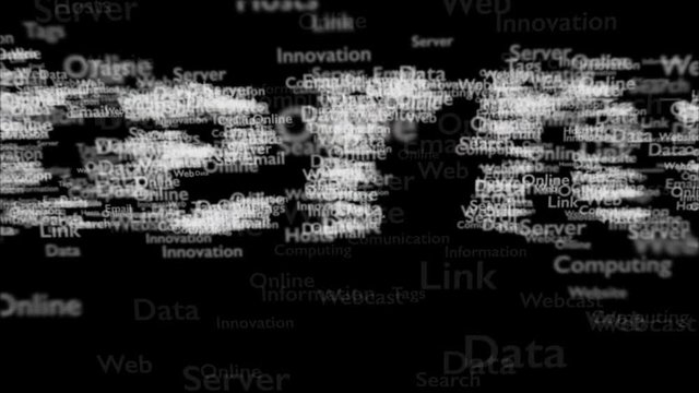 Black background with different words, which deal with internet. Close up. Copy space. 3D. Animation.