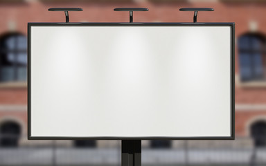 3D rendering of blank billboard (empty advertisement) with city background. Empty mockup template