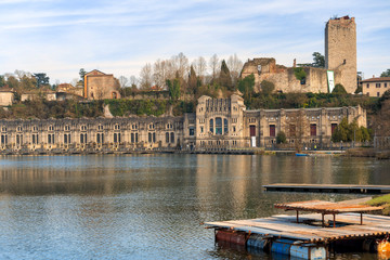 Fototapeta premium Cycleway along the Adda river at Trezzo