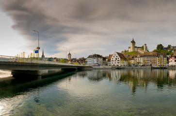 Fototapeta premium view of the city of Schaffhausen in northeastern Switzerland with the bridge across the Rhine