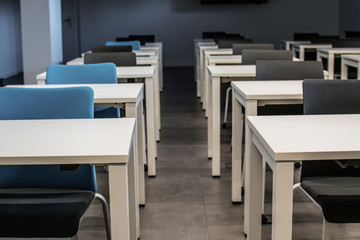 Classroom empty. High school or university desk or table with a pen on top