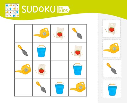 Sudoku game for children with pictures. Kids activity sheet.  Cartoon garden equipment.