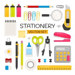 Vector set Stationery.. Cartoon elements of office stationery tools . Bright set for website templates, banners, posters.