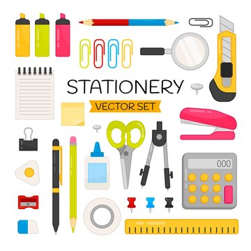 Vector set Stationery.. Cartoon elements of office stationery tools . Bright set for website templates, banners, posters.