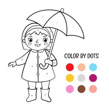 Coloring book for children. Color by dots. Vector illustration of cute girl with umbrella.