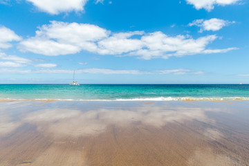 Panorama of beautiful beach and tropical sea of Lanzarote. Canaries