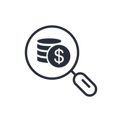 Magnifying glass, money. Financial analysis of expenses, income, control. Vector icon.