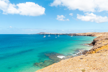 Naklejka na ściany i meble Panorama of beautiful beach and tropical sea of Lanzarote. Canaries