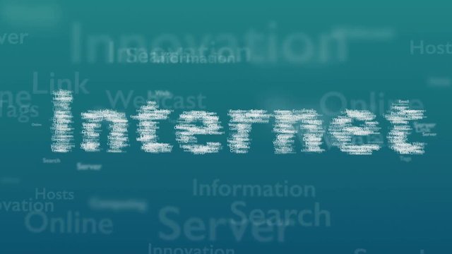 Light blue background with different words, which deal with internet. The key word is showing and turning from little important. Close up. Copy space. 3D. Animation.