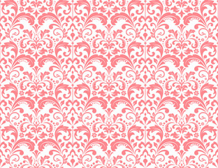 Wallpaper in the style of Baroque. Seamless vector background. White and pink floral ornament. Graphic pattern for fabric, wallpaper, packaging. Ornate Damask flower ornament