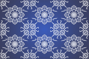 Floral seamless pattern hand drawn traditional ornament decoration mixed with victorian style. Geometry each side for fashion fabric, knit, textile, batik. Blue background.