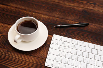 Office desk table with supplies. Flat lay Business workplace and objects. Top view. Copy space for text