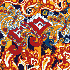 Vector colorful paisley print with abstract flowers. Indian motif ornament