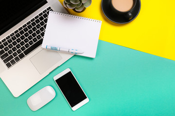 Flat lay design of work desk with labtop notebook, smartphone and cactus on green and yellow background.