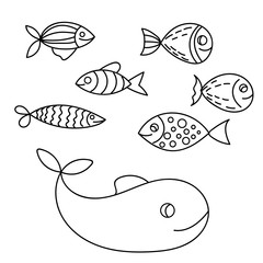 Fantasy ocean collection with doodle fish, shells and bird for adult coloring book. Black and white sea life background in line art style