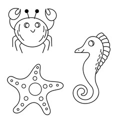 Fantasy ocean collection with doodle fish, shells and bird for adult coloring book. Black and white sea life background in line art style