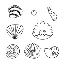 Fantasy ocean collection with doodle fish, shells and bird for adult coloring book. Black and white sea life background in line art style