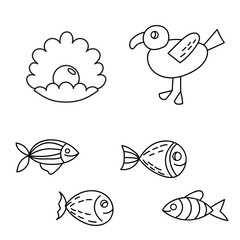 Fantasy ocean collection with doodle fish, shells and bird for adult coloring book. Black and white sea life background in line art style