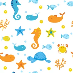 Stoff pro Meter Unter dem Meer Nahtloses nettes Unterwassermuster auf weißem Hintergrund. Meeresvektortiere. Es kann für Hintergründe, Oberflächenstrukturen, Tapeten, Druckfüllungen verwendet werden. Kindermode. flaches Design