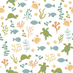 Seamless cute underwater pattern on white background. sea vector animals. It can be used for backgrounds, surface textures, wallpapers, print fills. kids fashion. flat design