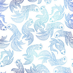 seamless pattern with beautiful fish. Vector embroidery for fashion textile and fabric
