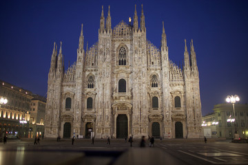 Night view cathedral of Milan with Gothic style of architecture. Duomo di Milano in Italy