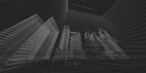 3D illustration architecture building perspective lines.