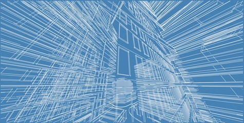 3D illustration architecture building perspective lines.
