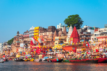 Colorful boats and Ganges river - obrazy, fototapety, plakaty
