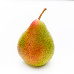 Fresh bio pear with leaves on isolated white background.