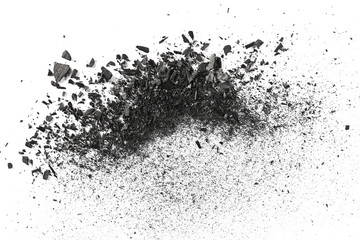 Black charcoal dust, gunpowder isolated on white background and texture, top view