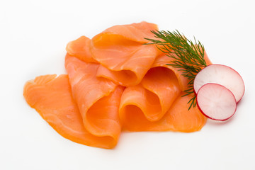 Fresh salmon slice and spice on the white background.