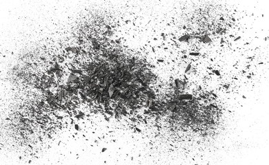 Black charcoal dust, gunpowder isolated on white background and texture, top view
