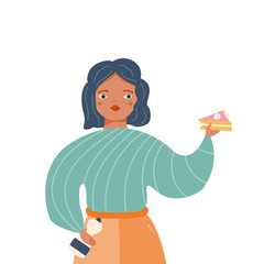 Young woman is eating a cake. Vector hand drawn illustration.