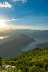 Scenic views of the Bay of Kotor open from a viewpoint on the top of the mountain.