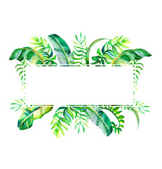 Set of card with tropical leaves.Greeny greeting card. Template for invitations, wedding and any design . Frame rectangle