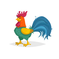 Cute cartoon rooster. Farm animal. Good for education and kids design. Vector bird illustration isolated on white background.