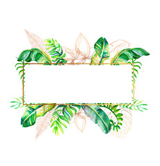 Set of card with tropical leaves and flowers. Floral greeting card. Template for invitations, wedding and any design . Outline floral. gold leaves