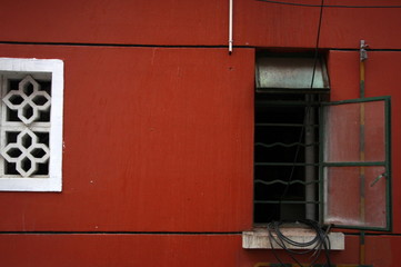 Chinese red small window wall house people