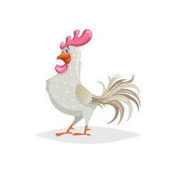 Cute cartoon white rooster. Farm animal. Good for education and kids design. Vector bird illustration isolated on white background.